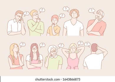 Concepto de gente pensante. Ilustración de un grupo de personas reflexivas con signo de interrogación. Un grupo de hombres y mujeres jóvenes están pensando y resolviendo problemas. Proceso de lluvia de ideas al estilo de las caricaturas.