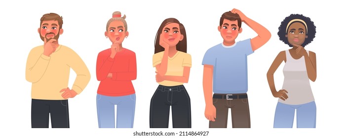 Set of thinking people. Men and women think and dream. Choosing or solving a problem. Question. Finding a solution to a problem. Vector illustration in cartoon style