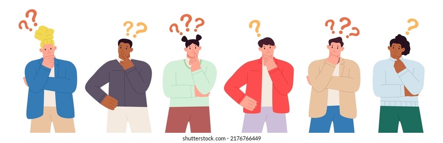 Set of thinking people. Men and women think and dream. Choosing or solving a problem. Question. Finding a solution to a problem. Vector illustration