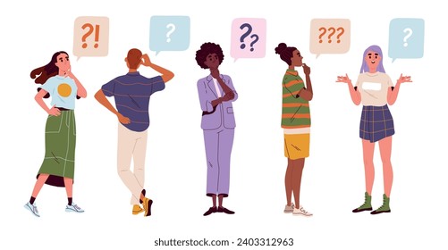 Set of thinking people. Men and women in thought or doubt, looking for solutions to problems, asking questions or making decisions. Cartoon flat vector collection isolated on white background