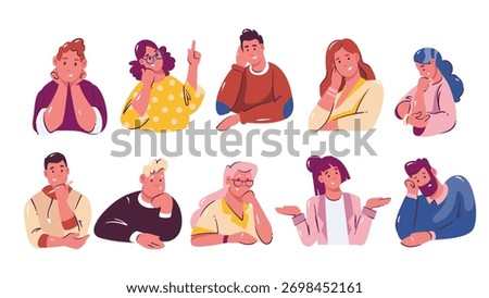 Set of thinking people in various poses, showing thoughtful, creative, or pensive expressions. Cartoon doodle vector illustration for education, web, office, creative projects, or presentations.