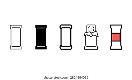 Set of thinline vector icons representing snack bars and candy wrappers in different graphical styles