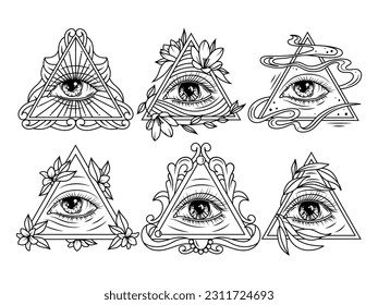 Set of the third eye in the pyramid. Collection of god's eyes framed in the pyramid. Mystic sign. All-seeing eye. Vector illustration on white background.