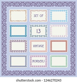 set of thirteen decorative vintage borders arranged on labels placed on a framed background, pattern brushes included for all borders