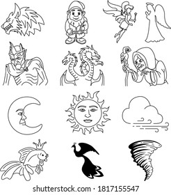 Set of thirteen pictures of magical creatures and with quiet, suitable for games, icons, pictograms, beast, gnome, fairy, angel, Boogeyman, dragon, witch, moon, sun, wind, goldfish, firebird, tornado.