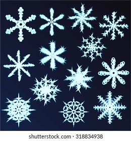 Set of thirteen snowflakes. Design for new year and Christmas. The blue background. White snowflakes with blue outline. Vector illustration.