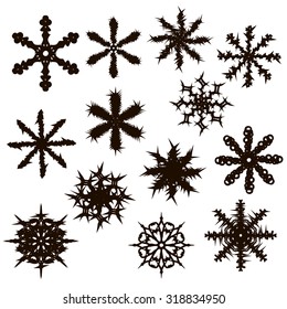 Set of thirteen snowflakes. Design for new year and Christmas. White background. Black silhouette. Vector illustration.
