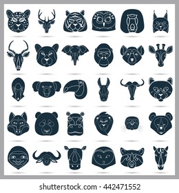 Set of thirty animals icons on the background