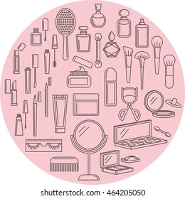 Set of thirty assorted  beauty and makeup related outlined vector icons.