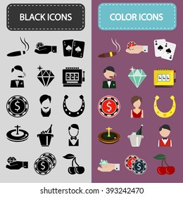 Set of thirty black and color casino icons