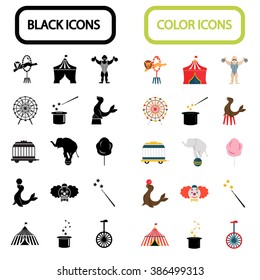 Set of thirty black and color circus icons