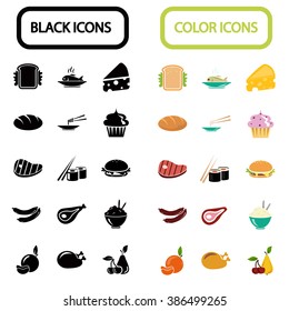 Set of thirty black and color food icons