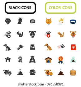 Set of thirty black and color veterinary icons