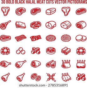 Set of thirty bold red pictograms showcasing different styles of meat cuts. Features diverse steaks joints and ground meat options for islamic dietary law compliant food marketing.