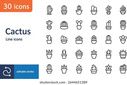 Set of thirty cactus line icons isolated on white background