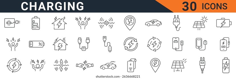a set of thirty charging icons featuring electric cars, batteries, power sources, and solar panels. these icons represent electricity, energy, and renewable resources in a simple line art style