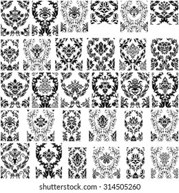 Set of Thirty Damask Seamless Vector Patterns.  Elegant Design in Royal  Baroque Style Background Texture. Floral and Swirl Elements. Ideal for Textile Print and Wallpapers. Vector Illustration.