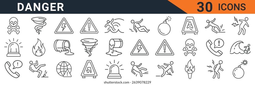 a set of thirty danger icons featuring various warning signs and symbols. these include hazards such as slippery surfaces, drowning, fire, and electrical risks, all in a clean outline style.