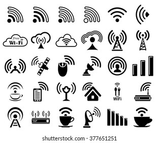 Set of thirty different black vector wireless and wifi icons for remote access and communication via radio waves