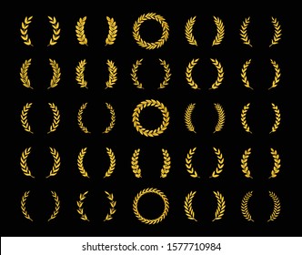 Set of thirty different golden silhouette laurel foliate, oak and olive wreaths depicting an award, achievement, heraldry, nobility, emblem, logo. Vector illustration.