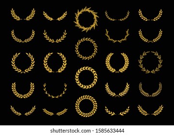 Set of thirty different golden silhouette laurel foliate, wheat and olive wreaths depicting an award, achievement, heraldry, nobility, emblem, logo. Vector illustration.