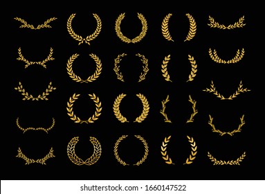 Set of thirty different golden silhouette laurel foliate, wheat and olive wreaths depicting an award, achievement, heraldry, nobility, emblem, logo. Vector illustration.