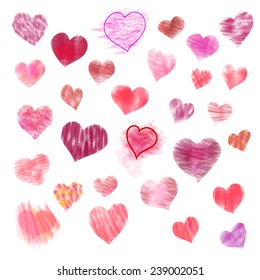 A set of thirty different vector drawn hearts. Stylized chalk, watercolor, lipstick.