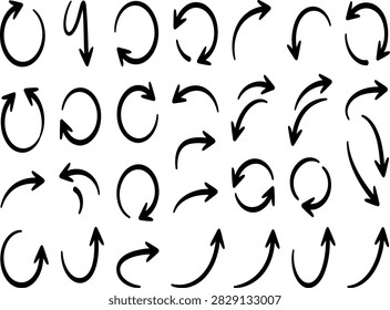 Set of thirty five black curved and looping arrow icons in various rotations and directions, alternate hand drawn style directional design elements.