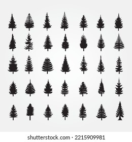 Set of thirty five different silhouettes of pine trees. 100% vector. 