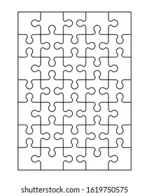 Set of thirty five puzzle pieces. Puzzle with different types of details and the ability to move each part. Black and white vector illustration