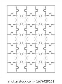 Set of thirty five puzzle pieces. Puzzle with different types of details and the ability to move each part. Black and white vector illustration.