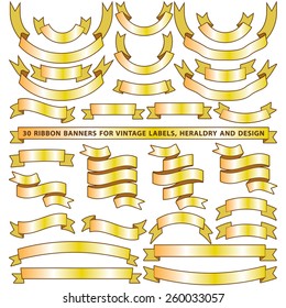 Set of thirty golden yellow vector ribbon banners