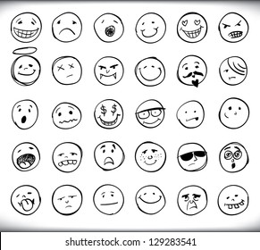 Set of thirty hand drawn emoticons or smileys each with a different facial expression and emotion, sketched outline on white