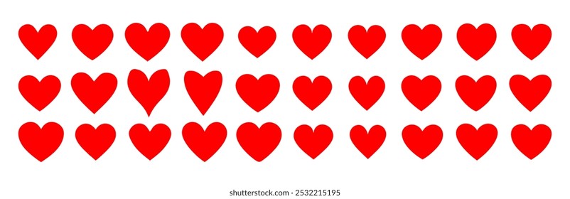 A Set of Thirty Heart Shaped Red Love Symbols Isolated on White