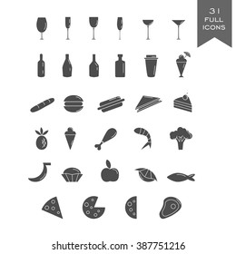 Set of thirty one full grey icons. Vector elements for restaurant or cafe website.