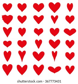 Set of thirty red heart silhouettes on a white background for Valentine's Day. Vector illustration