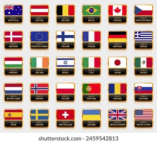 Set of thirty shiny gold labels with flags of different countries and inscription Made in... Vector illustration.