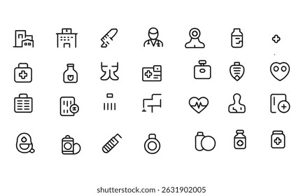 Un conjunto de 30 iconos simples de líneas negras que representan varios aspectos de la atención médica, la medicina y los hospitales.