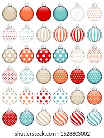 Set Of Thirty Six Christmas Balls Pattern Retro Colors Silver