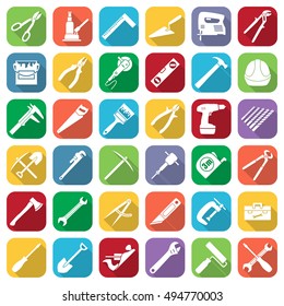 Set of thirty six flat style tools icons on a different color backgrounds with oblique shadows. Vector illustration.