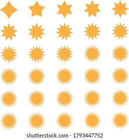 Set of thirty stars, circumference / center ratio - 80/45 - 1:7, four to fifty rays