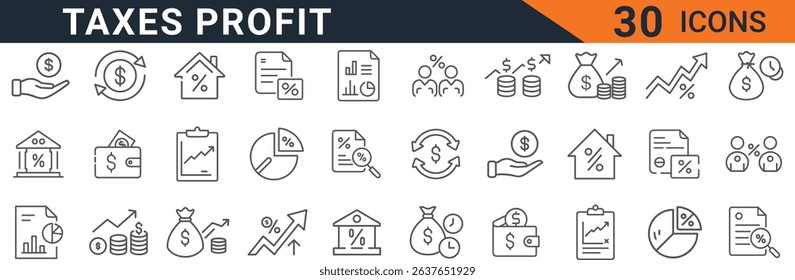 a set of thirty taxes and profit icons for business finance and accounting design elements. the vector illustration includes money, charts, and financial reports in a clean style