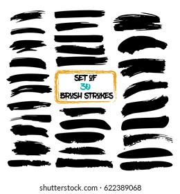 Set of thirty trendy black vector brush strokes or backgrounds. Hand painted black ink brush strokes, brushes, and lines. Dirty grunge artistic design elements.  svg