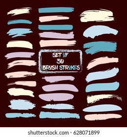 Set of thirty trendy blue and light purple vector brush strokes or backgrounds. Hand painted black ink brush strokes, brushes, and lines. Dirty grunge artistic design elements. Text backgrounds. svg