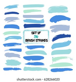 Set of thirty trendy blue and turquoise vector brush strokes or backgrounds. Hand painted ink brush strokes, brushes, and lines. Dirty grunge artistic design elements. Text backgrounds. svg