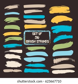 Set of thirty trendy blue, yellow, and green brush strokes or backgrounds. Hand painted ink brush strokes, brushes, and lines. Dirty grunge artistic design elements. Can be used for buttons or ads. svg