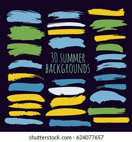 Set of thirty trendy blue, yellow, and green brush strokes or backgrounds. Hand painted ink brush strokes, brushes, and lines. Dirty grunge summer design elements. Can be used for buttons or ads. svg