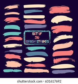 Set of thirty trendy blue, yellow and red vector brush strokes or backgrounds. Hand painted vintage ink brush strokes, brushes, and lines. Dirty grunge artistic design elements. Text backgrounds.  svg