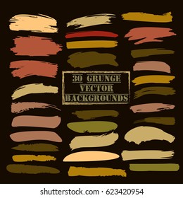 Set of thirty trendy brown, ochre, and greenish brush strokes or backgrounds. Hand painted ink brush strokes, brushes, and lines. Dirty grunge artistic design elements. Can be used for buttons or ads. svg