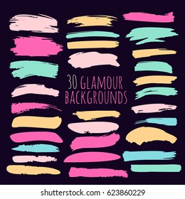 Set of thirty trendy brush strokes or backgrounds in glamour colours. Hand painted pink, turquoise, ochre, and skin colour ink brush strokes, brushes, and lines. Dirty grunge artistic design elements. svg